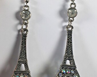 Vintage Silver Tone Rhinestone Studded Eiffel Tower Paris Drop Pierced Earrings