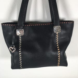 Brighton Black Pebble Leather Tote Shoulder Bag Whipstitch Beige Brown image 2