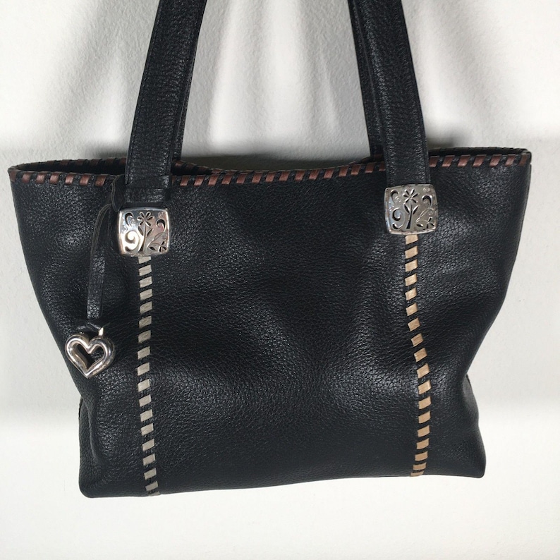Brighton Black Pebble Leather Tote Shoulder Bag Whipstitch Beige Brown image 2