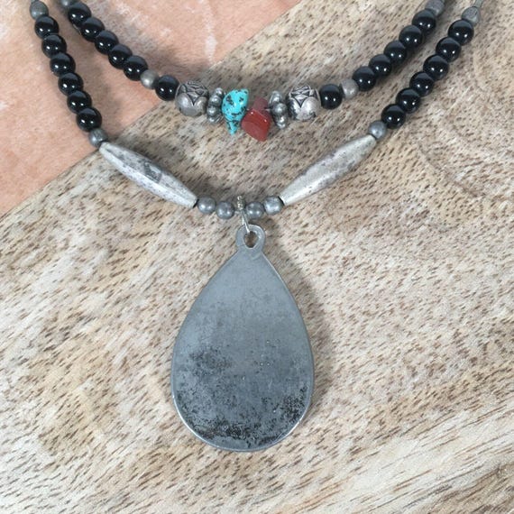 Vtg Silver Tone Turquoise Inlay Eagle Beaded Pendant  display picture 2