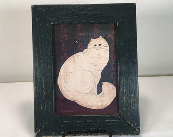Vintage Warren Kimble White Cat Print Green Rustic Frame Cottagecore Folk Art