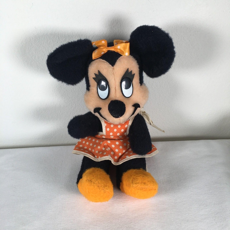 VTG Walt Disney Charaktere Minnie Maus 14"Plüsch Orange Polka Dot Kleid und Schleife Bild 1