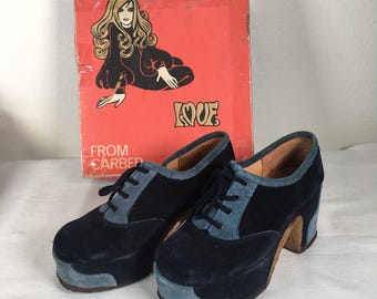 Rare Vtg 70s Carber Love Italy Women's Platform 2-Tone Suede Shoes Size 6