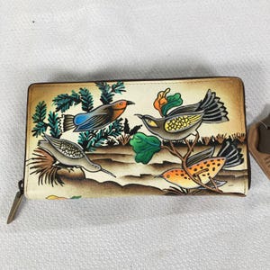 Sukriti Couro Genuíno Pintado à Mão Carteira Full Zip Bege Pássaros Paisagem Nova