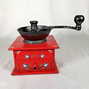 Vintage Wooden Cast Iron Coffee Grinder with Drawer Red Hand Painted