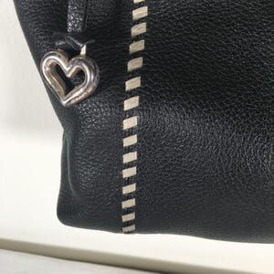 Brighton Black Pebble Leather Tote Shoulder Bag Whipstitch Beige Brown image 6