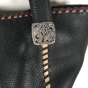 Brighton Black Pebble Leather Tote Shoulder Bag Whipstitch Beige Brown image 3