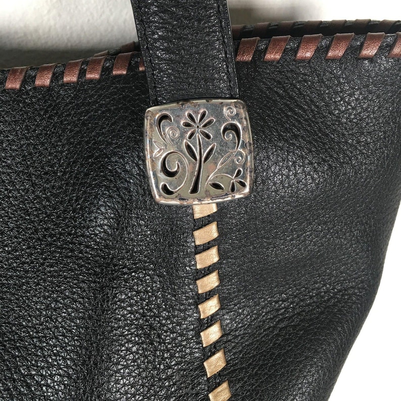 Brighton Black Pebble Leather Tote Shoulder Bag Whipstitch Beige Brown image 3