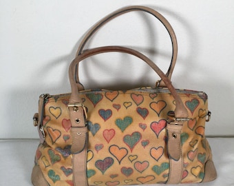 Vintage Dooney Bourke Rainbow Crayon Doodle Heart Top Handle Satchel Yellow