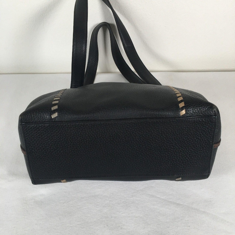 Brighton Black Pebble Leather Tote Shoulder Bag Whipstitch Beige Brown image 11