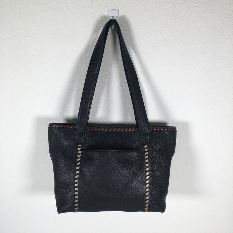 Brighton Black Pebble Leather Tote Shoulder Bag Whipstitch Beige Brown image 8