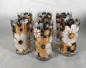 Set of 6 Vtg MCM George Briard Signed Drinking Glasses Gold White Black Floral