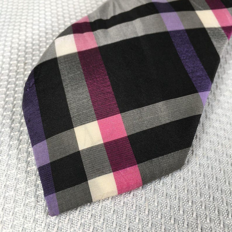 Ben Sherman 100% Silk Men's Necktie Black Gray Pink Purple Plaid 58" image 2