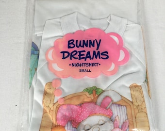 Rara camiseta de dormir vintage Avon Bunny Dreams de 1990, talla pequeña, nueva y sellada.