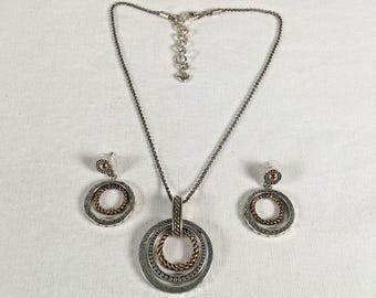Brighton Rapture Ring Pendant Necklace & Matching Earrings Two-Tone Etched