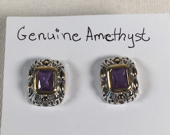 Vintage Genuine Amethyst Silver & Gold Tone Stud Pierced Earrings
