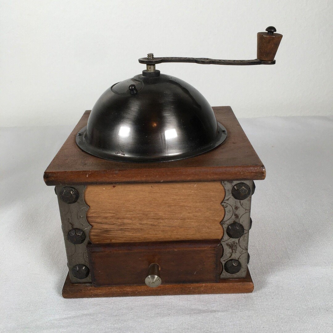 Vintage Wooden Coffee Grinder Mill Hand Ornate Crank Metal Dome Catch ...