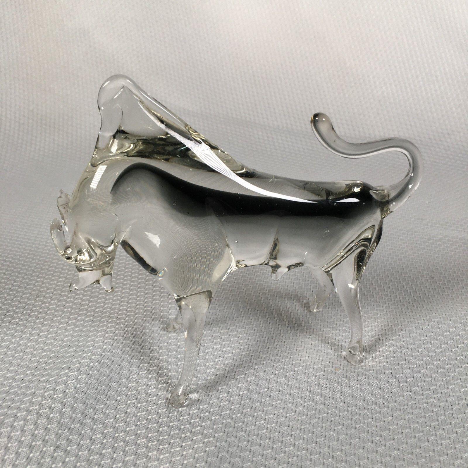 ヴィンテージ ムラーノ ベネチアン ガラス 雄牛の置物 透明/黒スワイプ