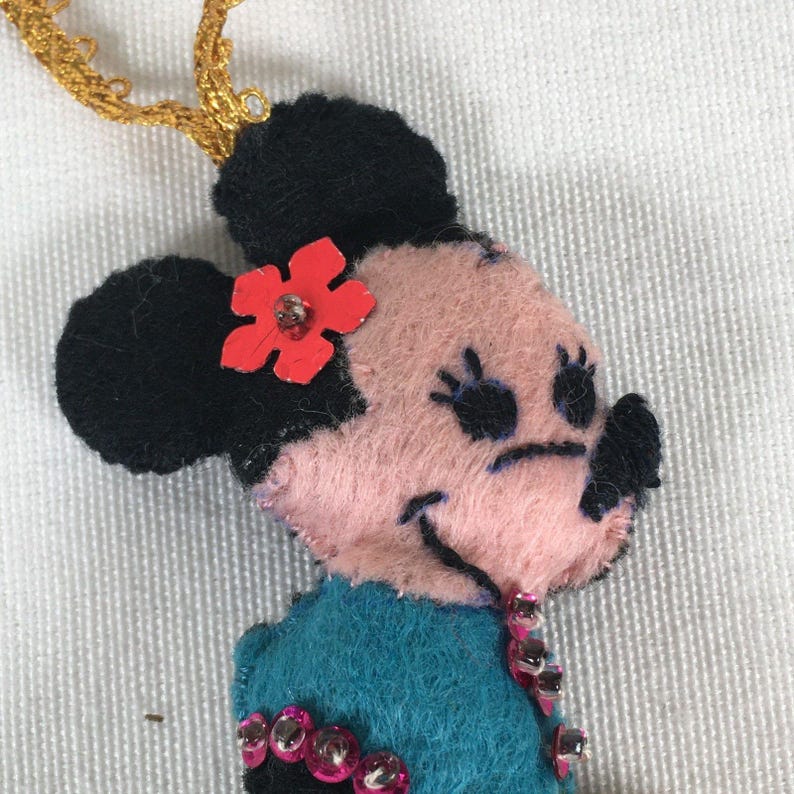 Vtg Handmade Disney Felt Stitched Beaded Minnie Mouse in Shoe Christmas Ornament image 3