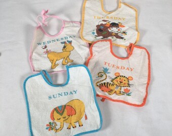 Lot of 4 Vintage Baby Bibs Days of the Week Terry Cloth with Vinyl Backing
