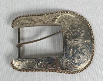 Vtg Colorado Silversmith Nickel Silver Western Belt Buckle Hand Engraved 4.25"