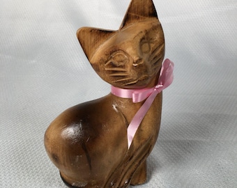 Estatueta vintage de gato/gatinho em madeira entalhada, 15 cm (6 polegadas), objeto decorativo com tema de animais.