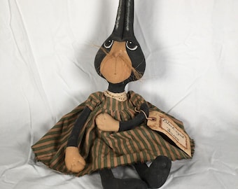Vintage Folk Art Stuffed Plush Black Rabbit in Dress Hand Painted Face 18"