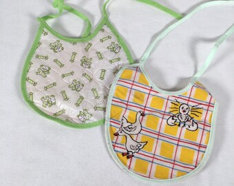 Lot of 2 Vintage Baby Bibs Cloth Farm Animals and Plastic Teddy Bears and Candy