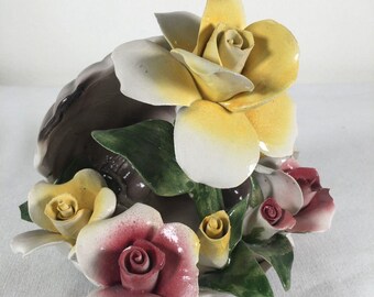 Vintage Nuova Capodimonte Italy Clam Shell with Yellow and Pink Roses