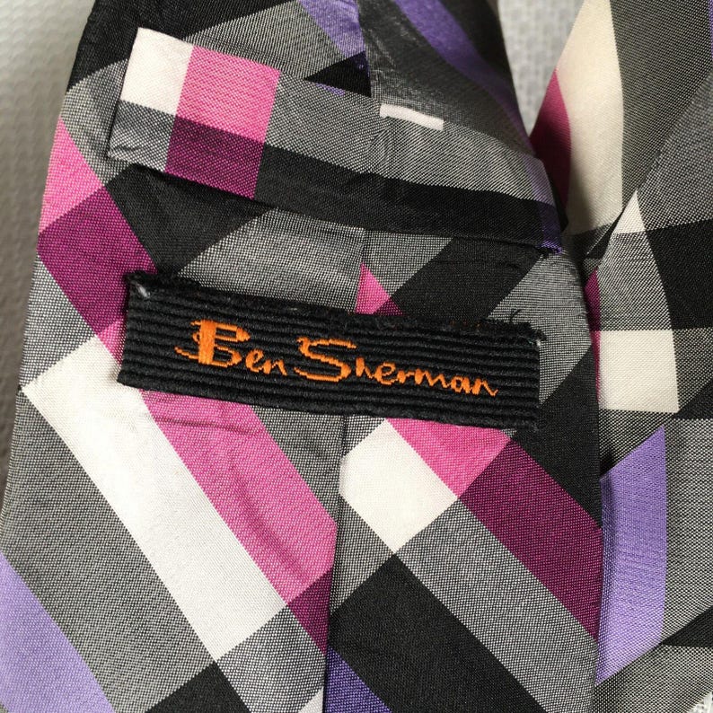 Ben Sherman 100% Silk Men's Necktie Black Gray Pink Purple Plaid 58" image 3