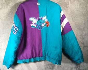 Vtg 90s NBA Charlotte Hornets Starter Puffer Jacket Teal Purple
