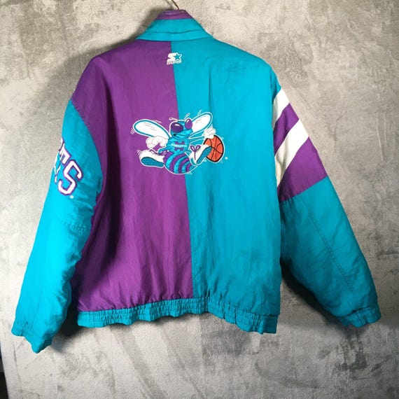 Vtg 90s NBA Charlotte Hornets Starter Puffer Jacket Teal Purple