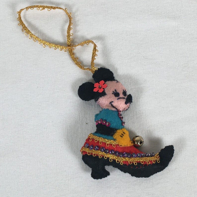 Vtg Handmade Disney Felt Stitched Beaded Minnie Mouse in Shoe Christmas Ornament image 2