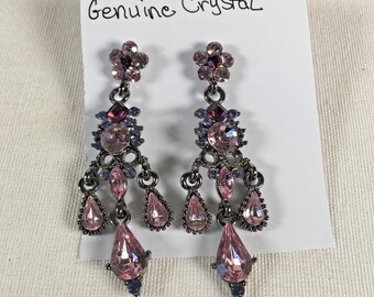 Vintage Austrailian Crystal Purple Pink Chandelier Drop Dangle Pierced Earrings