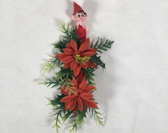 Vintage Christmas Wall Decor Poinsettia Topped with Elf Plastic 8 1/2 Inches