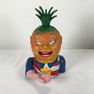 Vtg Penny Pineapple Hawaii Cast Iron Piggy Bank Moveable Arm 50th Commemorative