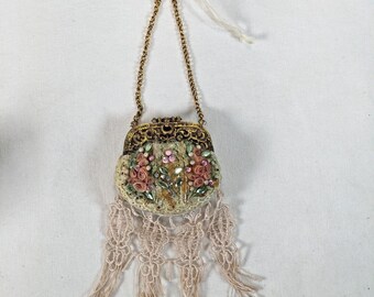 Vtg Victorian Style Christmas Ornament Clutch Handbag Roses & Rhinestones