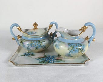 4pc Antique T and V Limoges Porcelain Cream & Sugar w/Lid and Serving Tray Blue Floral