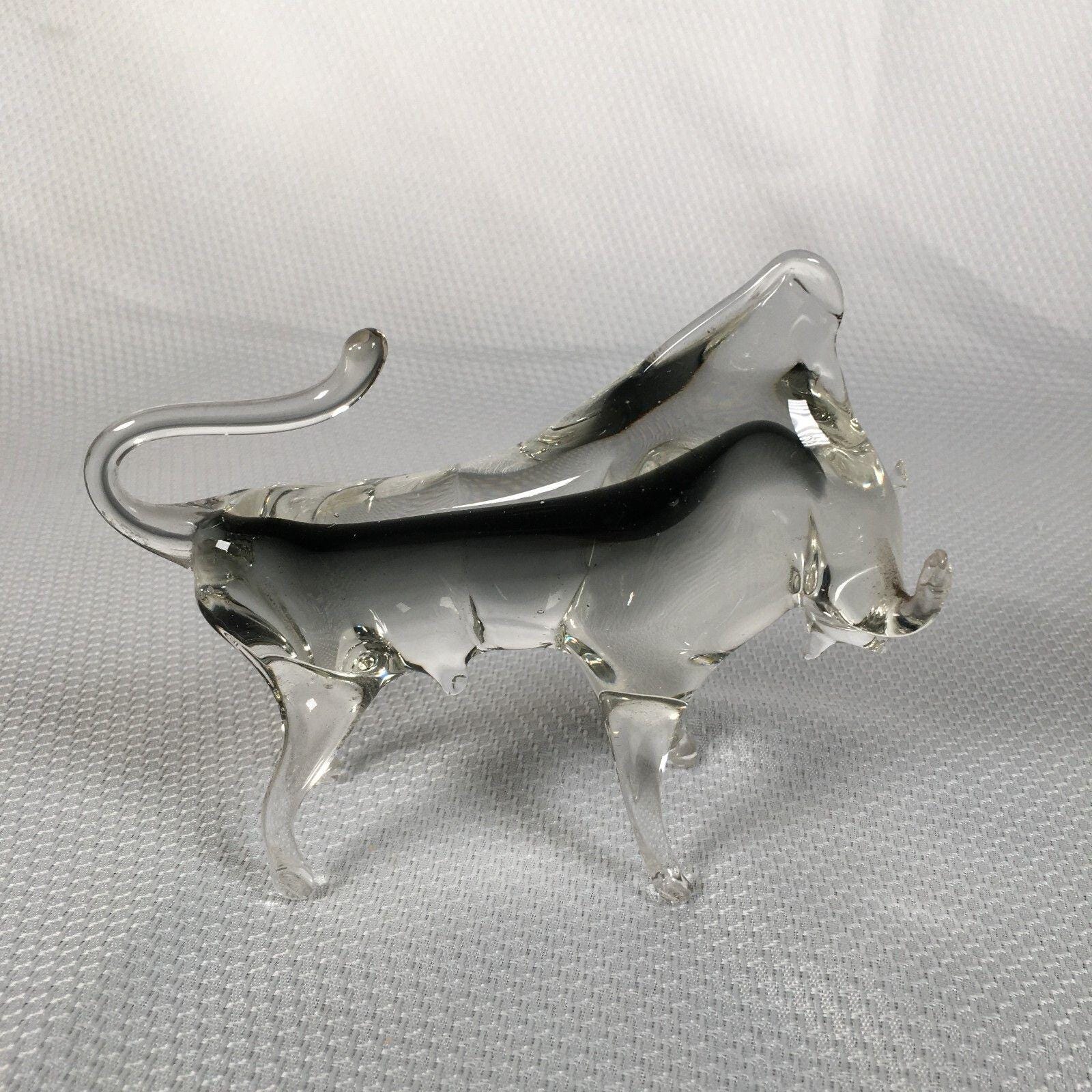 ヴィンテージ ムラーノ ベネチアン ガラス 雄牛の置物 透明/黒スワイプ