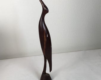 Vintage Hand Carved Wooden Crane Bird Dark Brown Hand Painted Details 12"