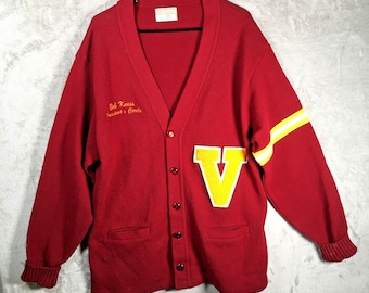 Vtg Bristol Men's Varsity Sweater Button Up Maroon "V" Letter Acrylic Size 44/XL
