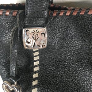 Brighton Black Pebble Leather Tote Shoulder Bag Whipstitch Beige Brown image 4