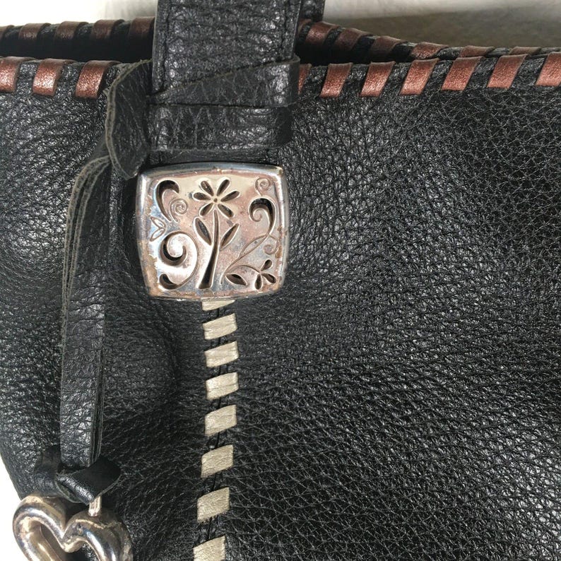 Brighton Black Pebble Leather Tote Shoulder Bag Whipstitch Beige Brown image 4