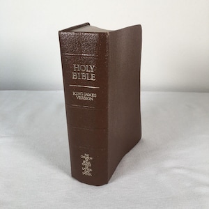 May include: A brown leather-bound Holy Bible, King James Version, with silver lettering. The book is standing upright, showing the spine with the title and version. The bottom of the spine has text that reads "The Church of Jesus Christ of Latter-day Saints."