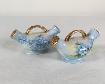 2 Vtg H.C. Royal Baveria Double Sided Salt & Pepper Shaker Blue Floral Gold Gild