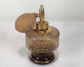 Vtg Hand Painted Amber Glass Perfume Bottle w/Atomizer Hand Painted Gold Leaf