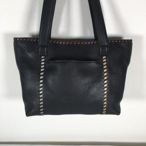 Brighton Black Pebble Leather Tote Shoulder Bag Whipstitch Beige Brown image 9