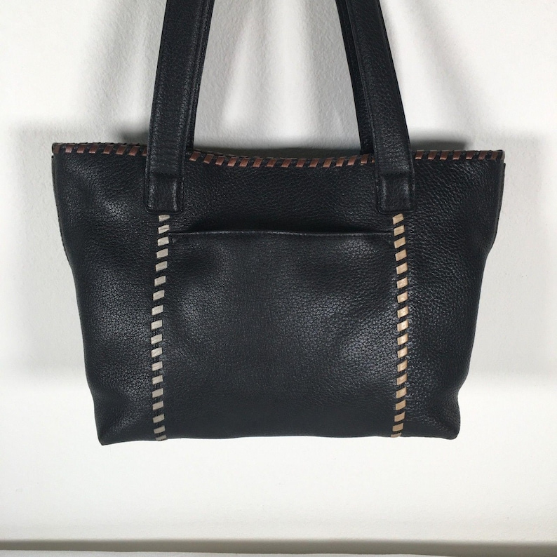 Brighton Black Pebble Leather Tote Shoulder Bag Whipstitch Beige Brown image 9