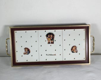 Vtg M.J. Hummel Tea Set Serving Platter with Handles Rainy Day Porcelain Wood