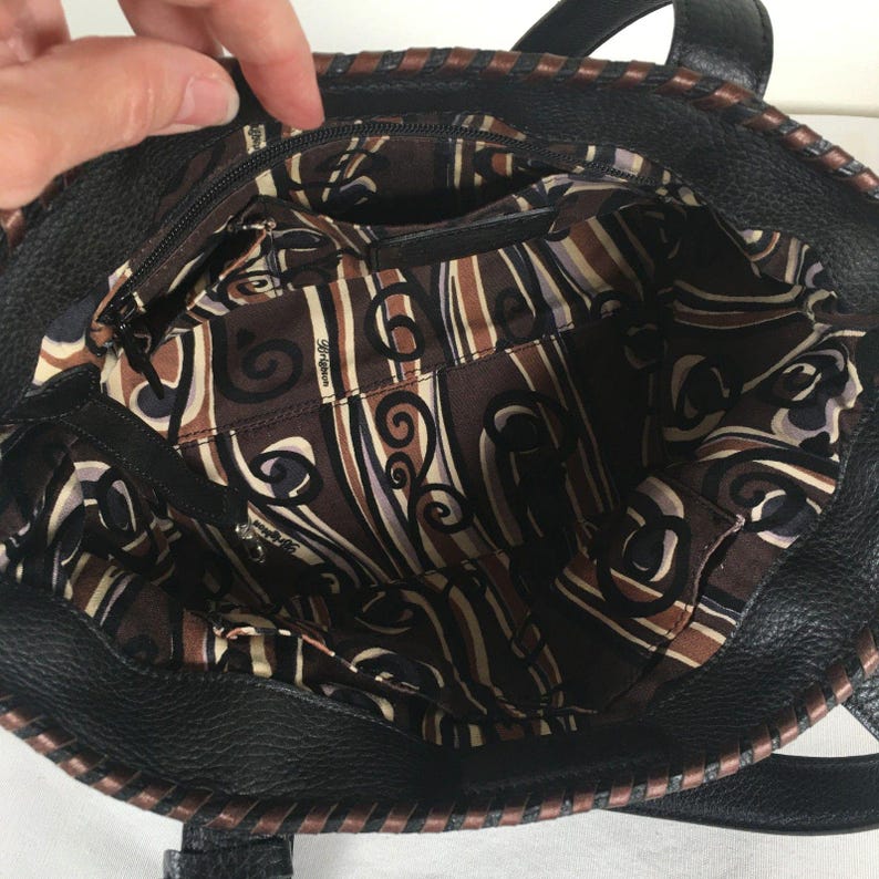 Brighton Black Pebble Leather Tote Shoulder Bag Whipstitch Beige Brown image 12